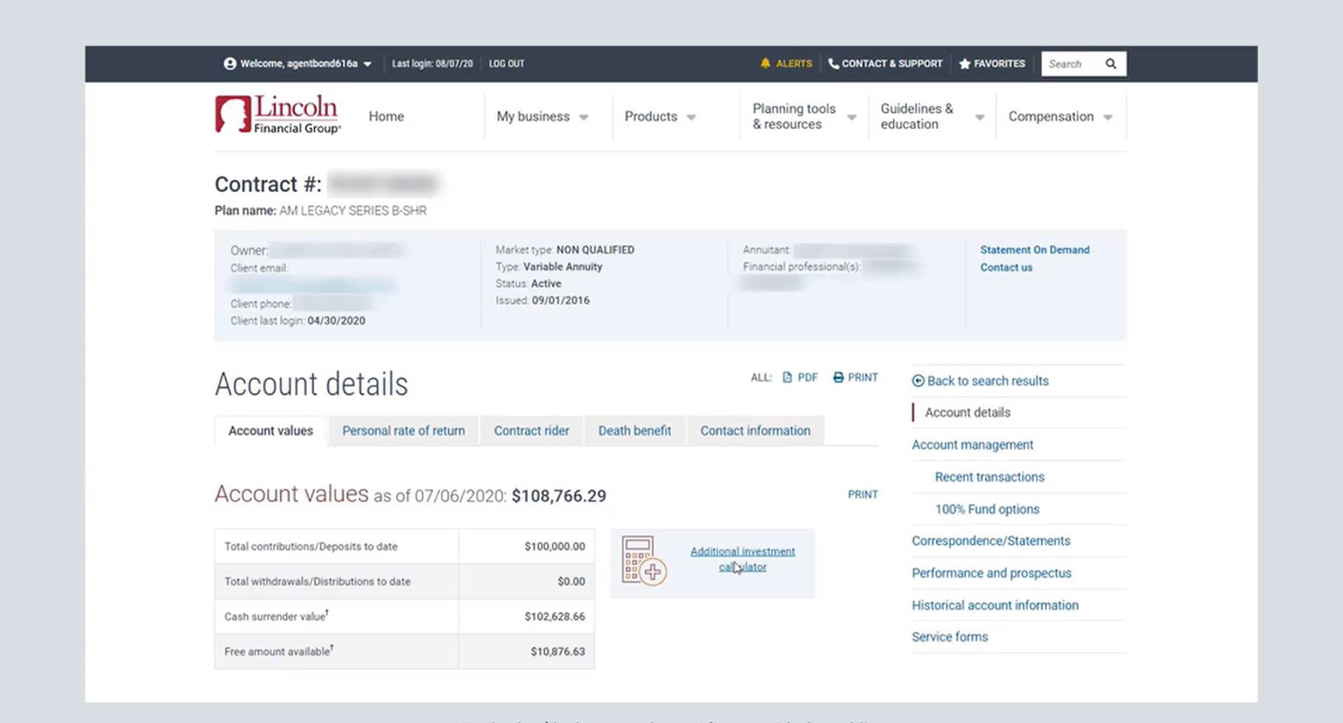 Additional Deposit Calculator Book of Business page