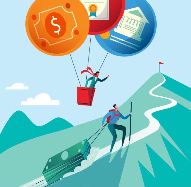 animated image of man dragging money up a hill as another rides in a hot air balloon above