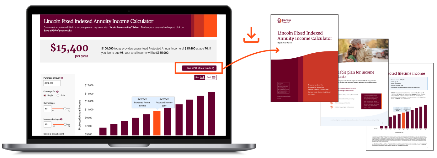 Lincoln Fixed Indexed Annuity Income Calculator Tool on laptop with download icon and documents net to it