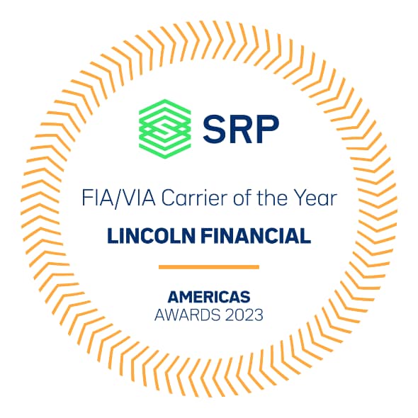 Badge announcing Lincoln Financial as the FIA/VIA Carrier of the Year for 2023