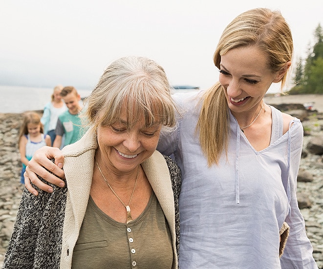 Mother and Daughter walking on a beach.
