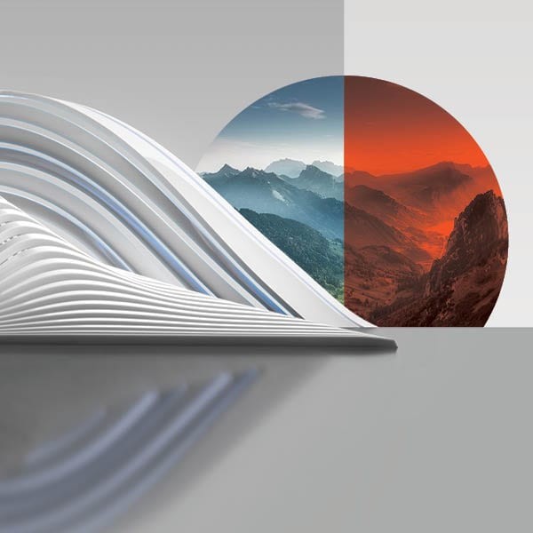 artistic design of image with waves in foreground and mountians in background