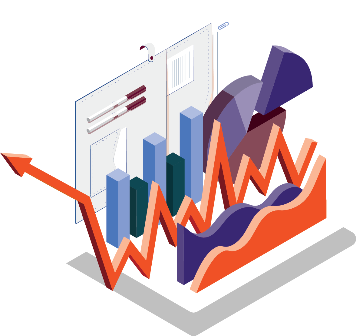 financial portfolio with paper and pens inside and illustrated 3d charts