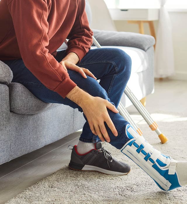 A person with a cast on their leg. Crutches can be seen next to them.
