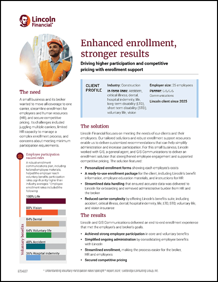 A brochure for Lincoln Financial Group discusses enhanced enrollment, stronger results, and the need for a business and industry client. AI generated content