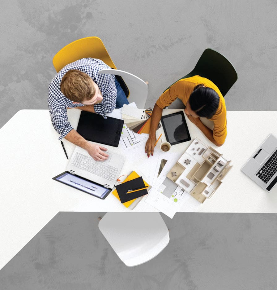 birdseye view of people having a meeting