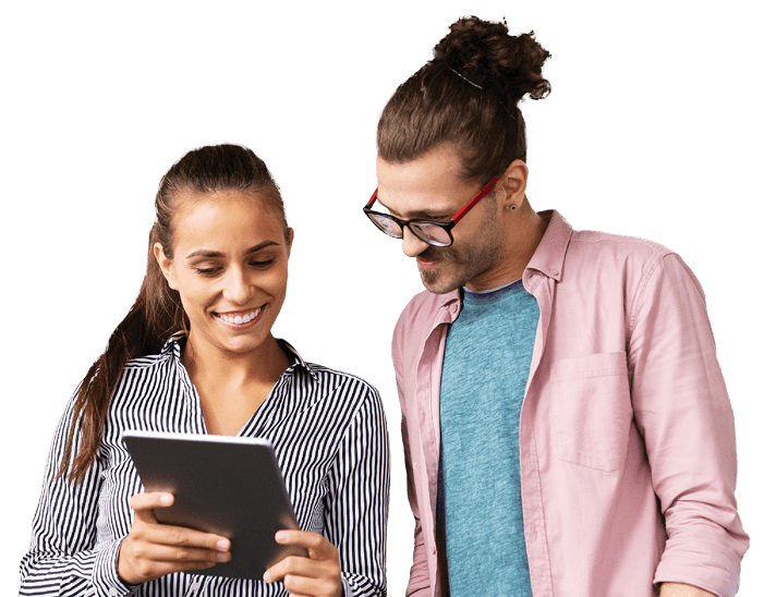 co-workers reviewing materials on a tablet