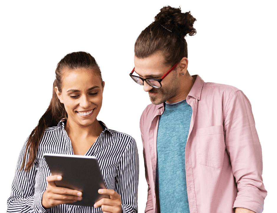 co-workers reviewing materials on a tablet