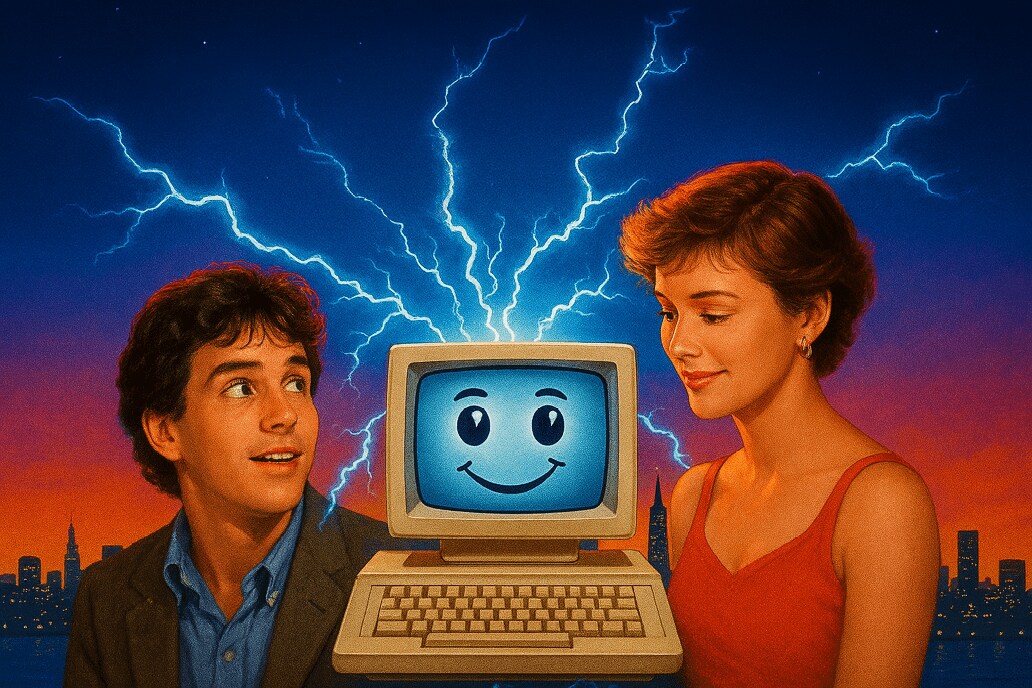 Image of an AI smiley face on a computer screen shooting out lightning bolts. A man and a woman stand on either side. 