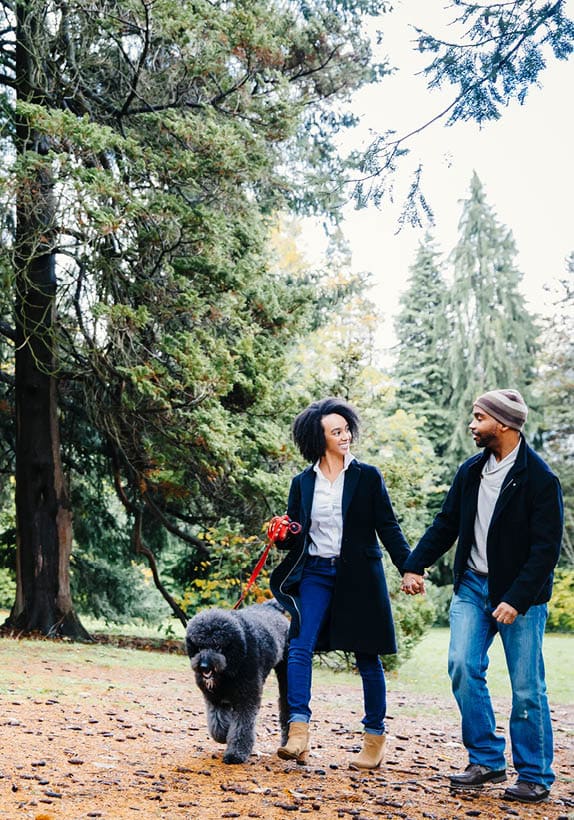 couple walking their dog