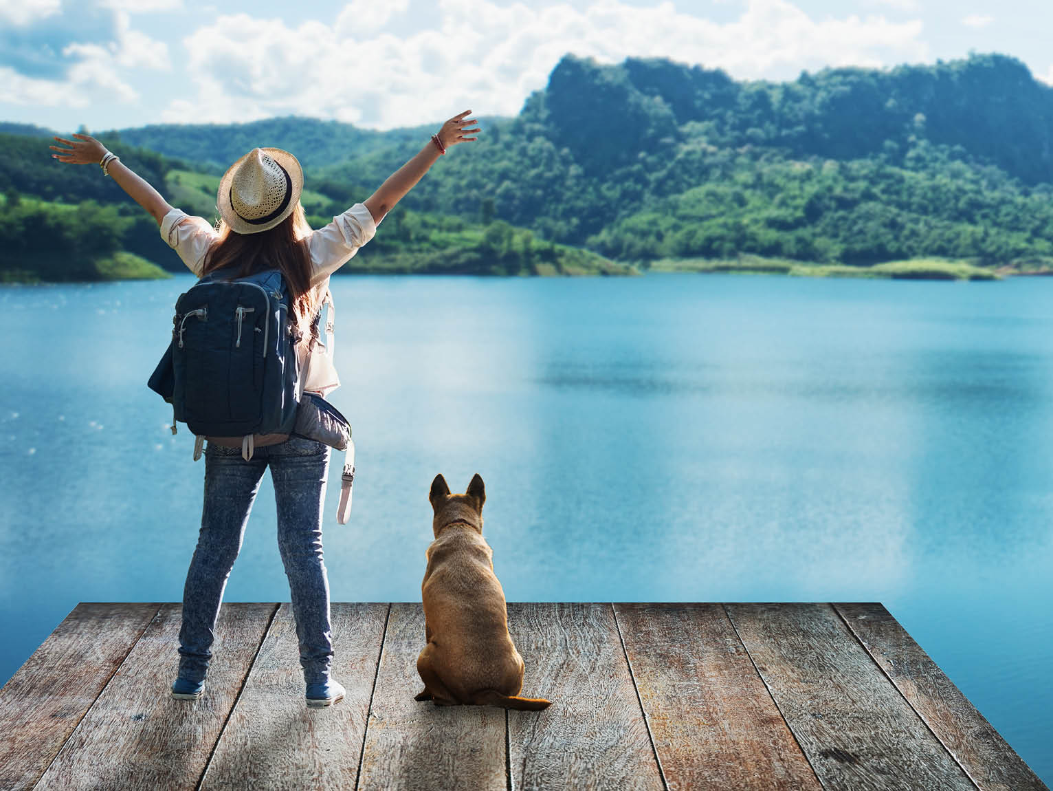 a woman stands with arm raised looking at mountains across water. a dog sits beside her.