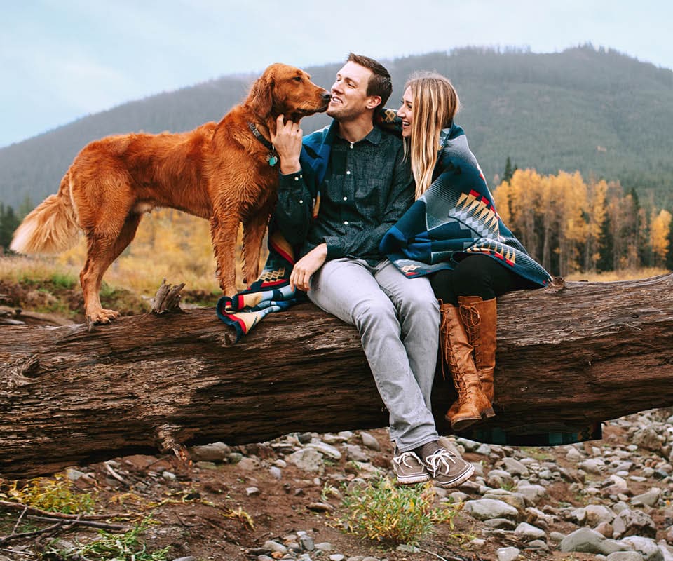 hiking couple with a dog sitting on a log in the mountains
