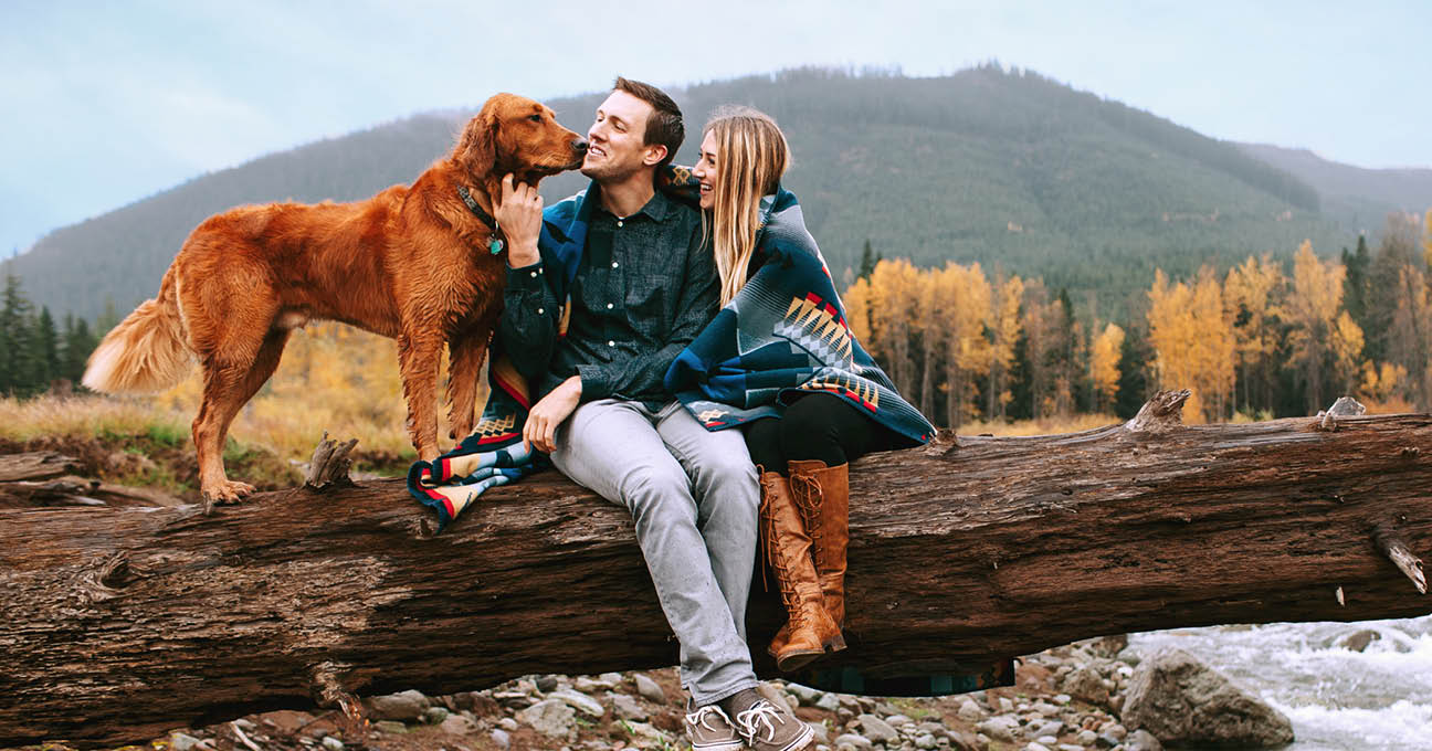 hiking couple with a dog sitting on a log in the mountains