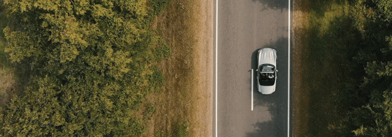 Overhead view of silver car driving along a tree lined road.