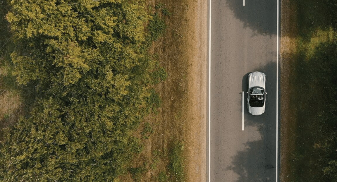 Overhead view of silver car driving along a tree lined road.