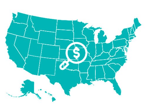 A map of the United States with a magnifying glass, representing a tool that you can use to see caregiving cost for each state.