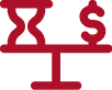 An icon of a scale holding an hourglass on the left and a dollar sign on the right.