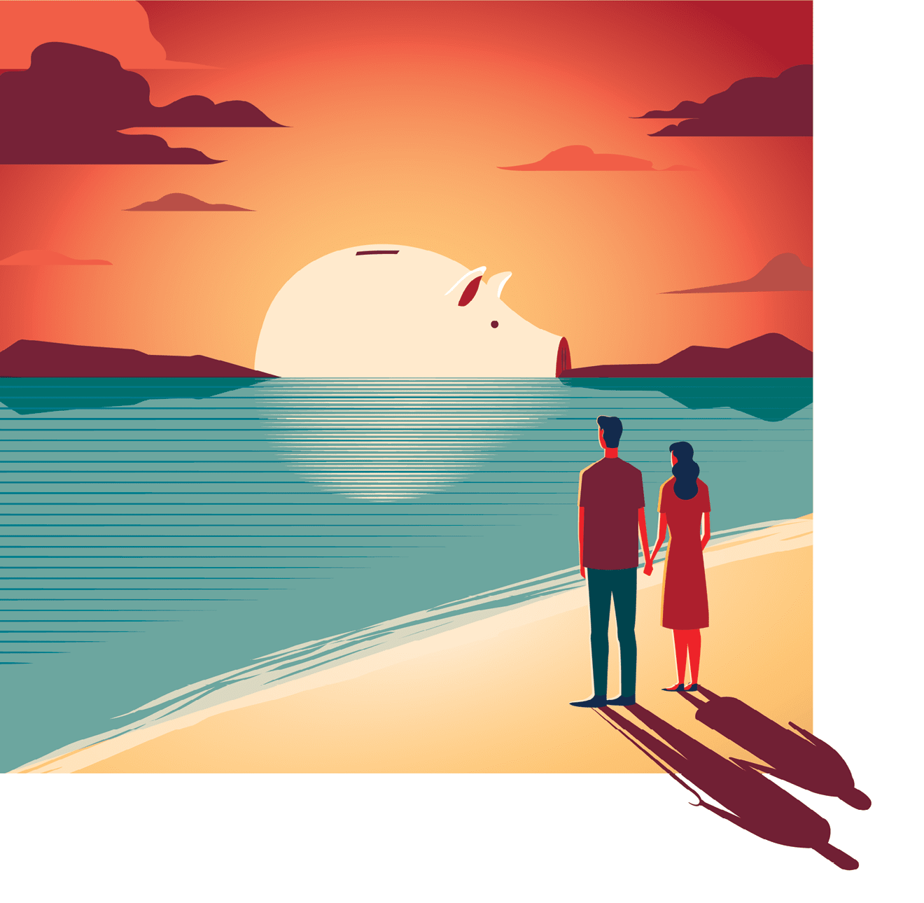 Illustration of couple looking over the water toward a piggy bank and into the future