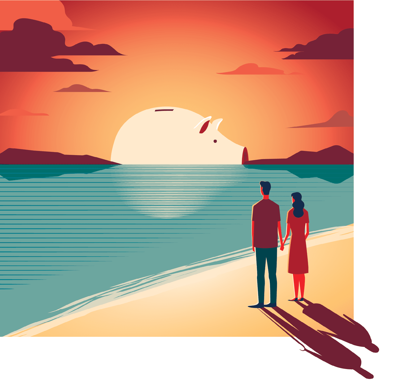 Illustration of couple looking over the water toward a piggy bank and into the future