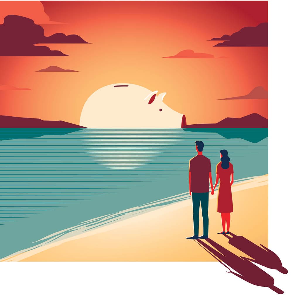 Illustration of couple looking over the water toward a piggy bank and into the future